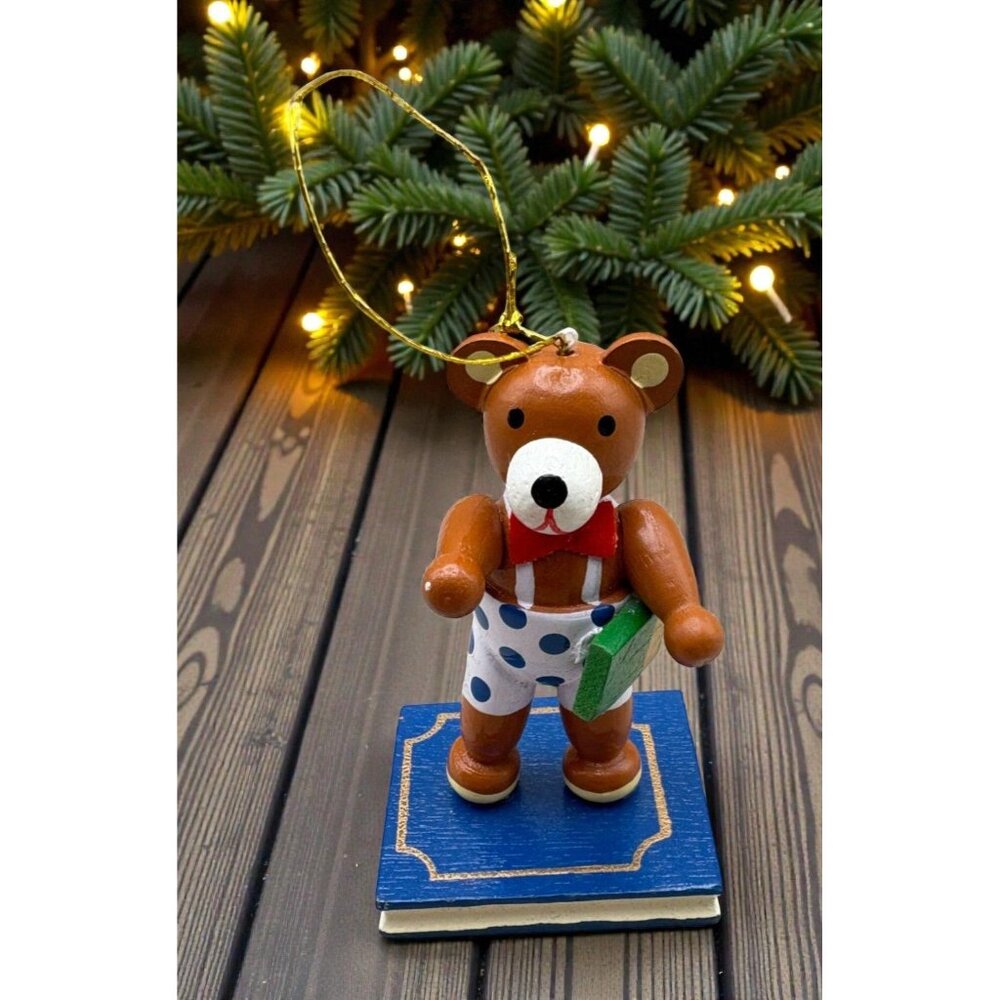 Bookworm Teddy Bear Christmas Ornament Wooden Book Base Polka Dots